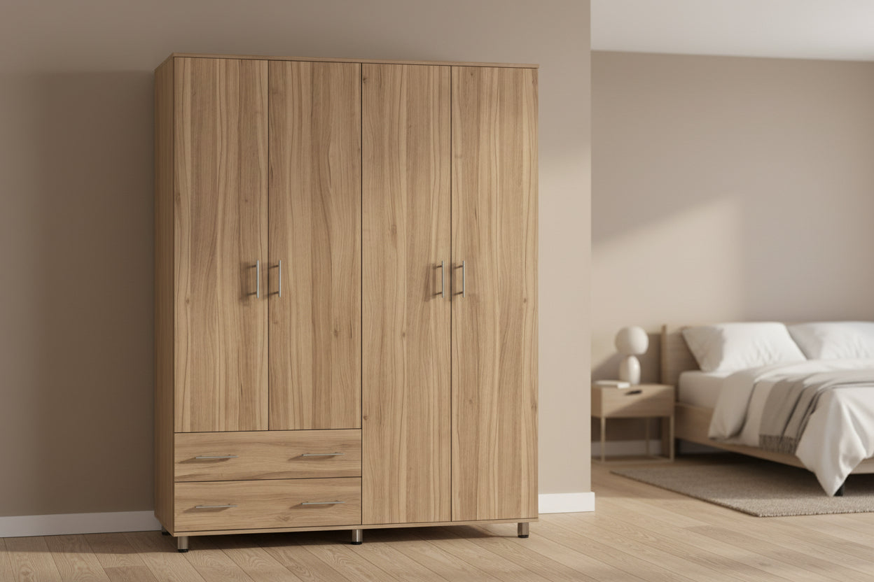 ארון 4 דלתות 2 מגירות טבעי ידית שחורה