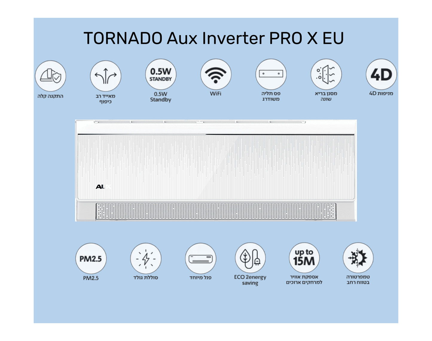 מזגן עילי דגם AUX PRO INV 12 X EU מבית טורנדו TORNADO- שבע שנות אחריות ע"י היבואן הרשמי