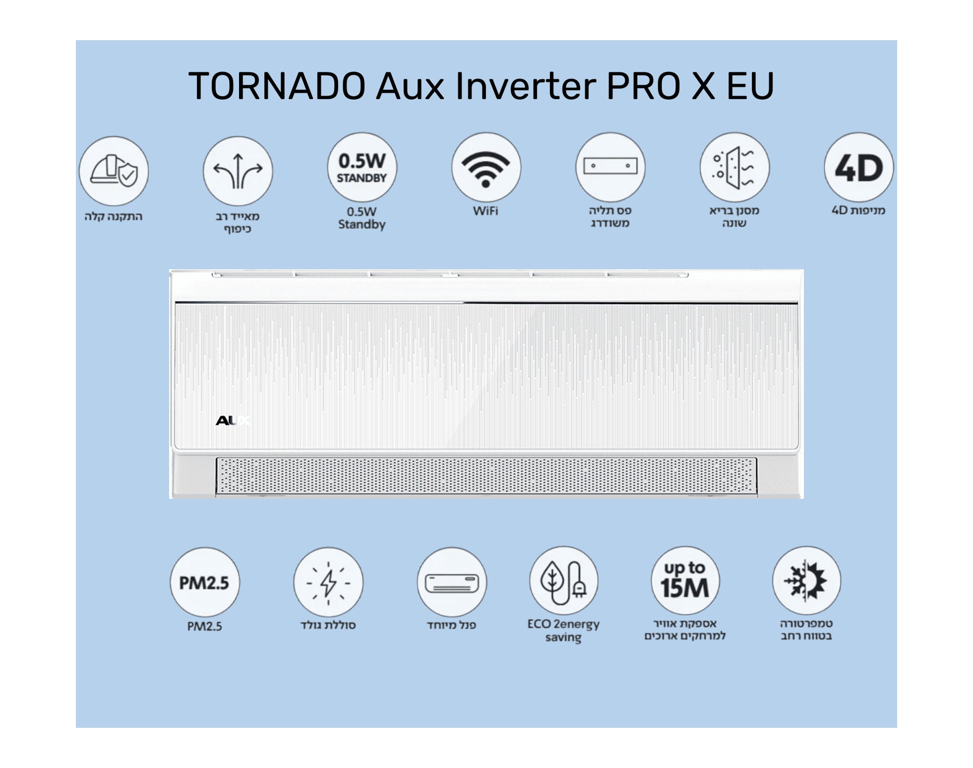 מזגן עילי דגם AUX PRO INV 12 X EU מבית טורנדו TORNADO- שבע שנות אחריות ע"י היבואן הרשמי