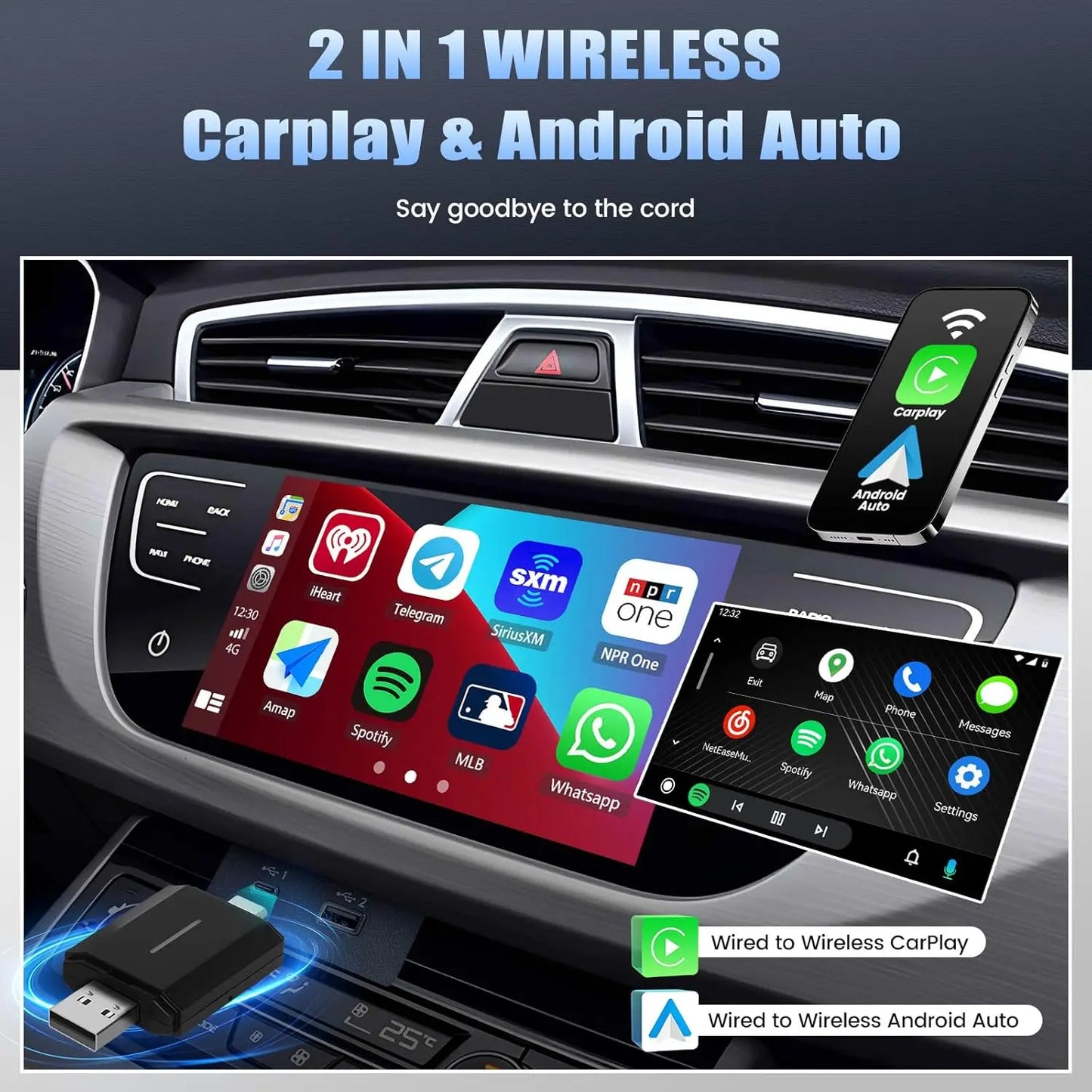מתאם אלחוטי לרכב 2 ב-1 | CarPlay ו-Android Auto אוניברסלי לרכב