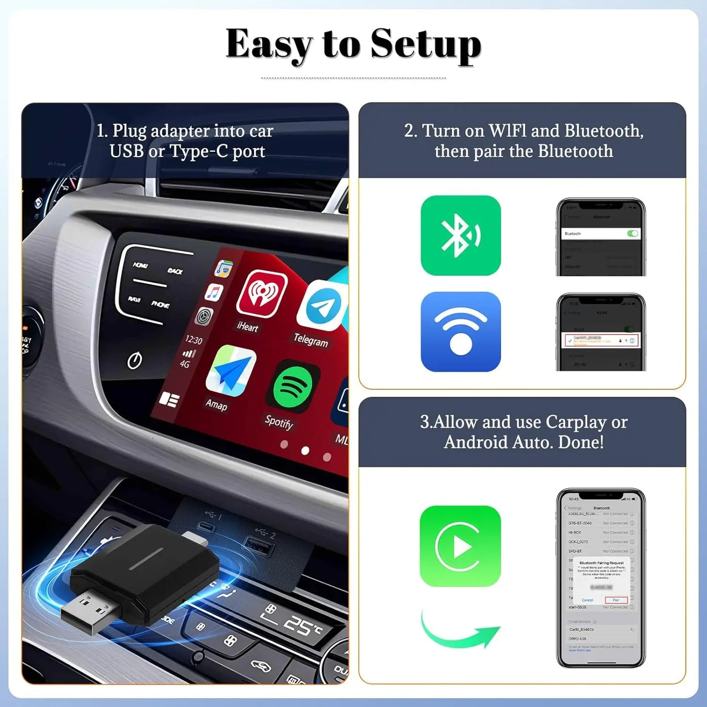 מתאם אלחוטי לרכב 2 ב-1 | CarPlay ו-Android Auto אוניברסלי לרכב