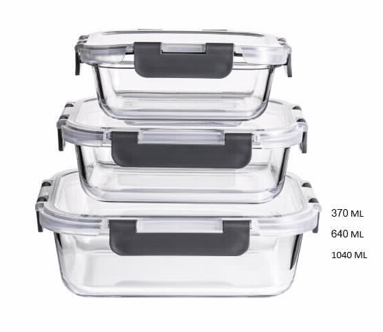 סט 3 קופסאות מלבניות מרובעות מחוסמת מכסה פלסטיק