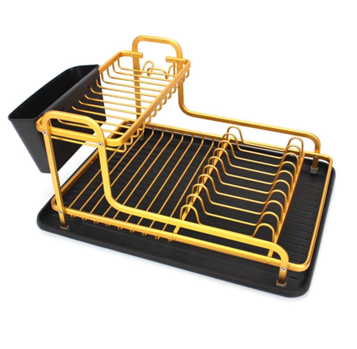 מתקן ייבוש כלים דו קומתי עם פתח ניקוז גוון שחור בשילוב זהב