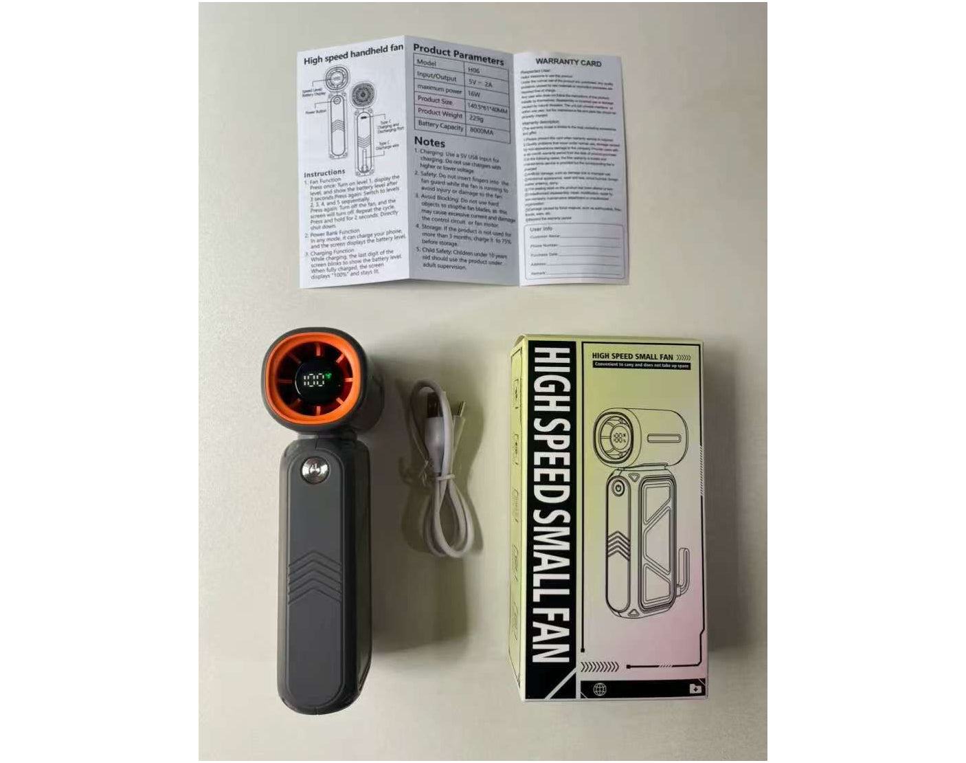 מאוורר ידני נייד נטען עם טורבינה עוצמתית וסוללה נטענת