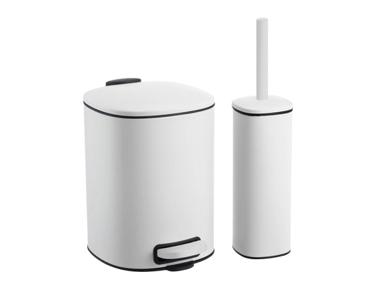 פח עם דוושה ומברשת שירותים צבע לבן