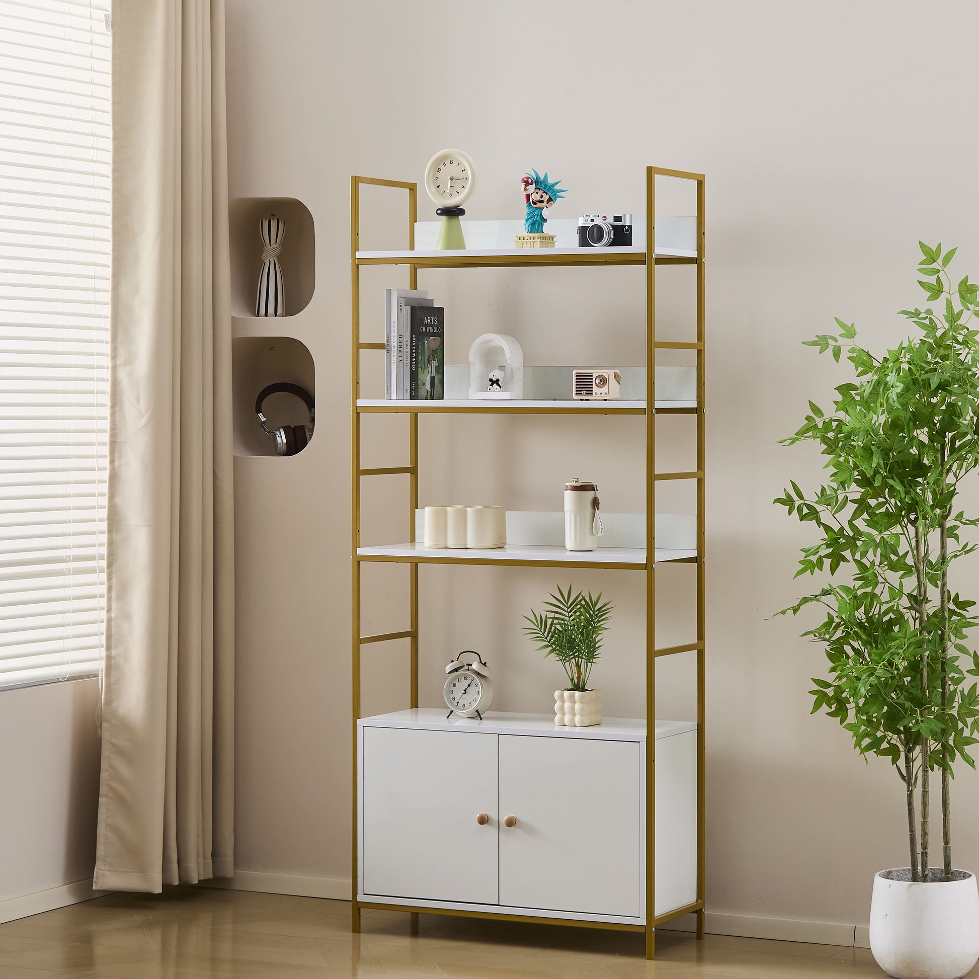 ספריית 3 מדפים וארון אחסון לבן זהב צבע לבן