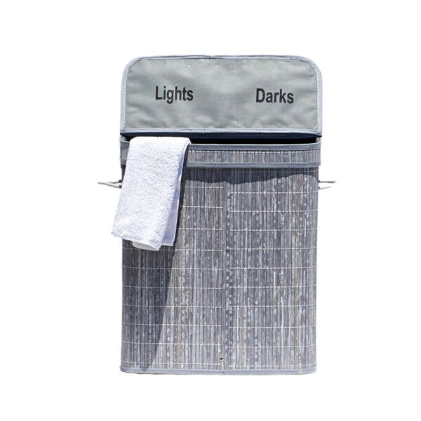 סל כביסה מחולק עם מכסה במבוק צבע אפור