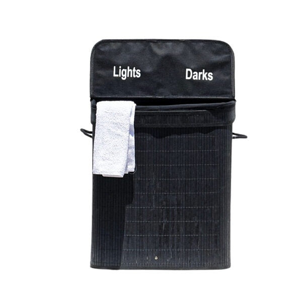 סל כביסה מחולק עם מכסה במבוק צבע שחור