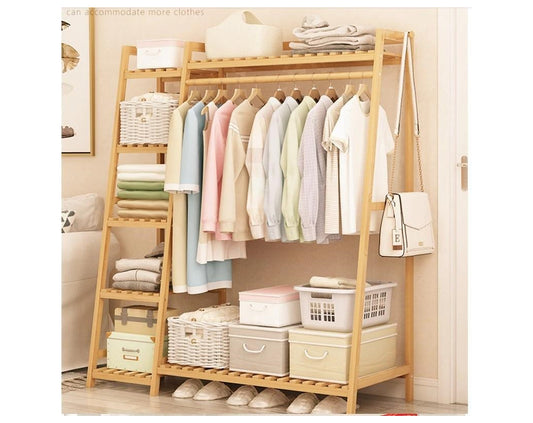 מתקן לתליית בגדים ומדפי אחסון עשוי מבמבוק מחוזק