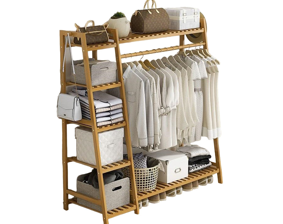 מתקן לתליית בגדים ומדפי אחסון עשוי מבמבוק מחוזק