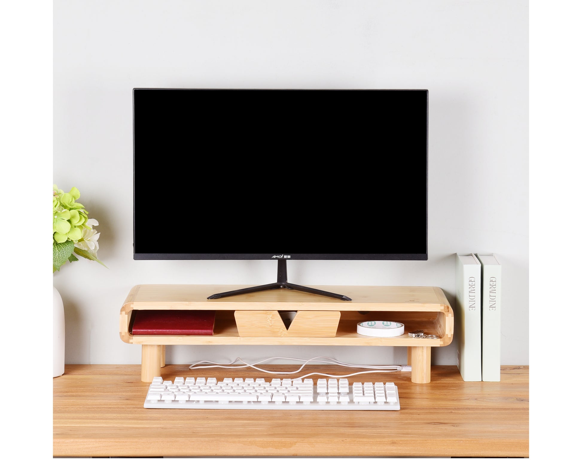 מדף הגבהה למסך מחשב עם מגירה נשלפת