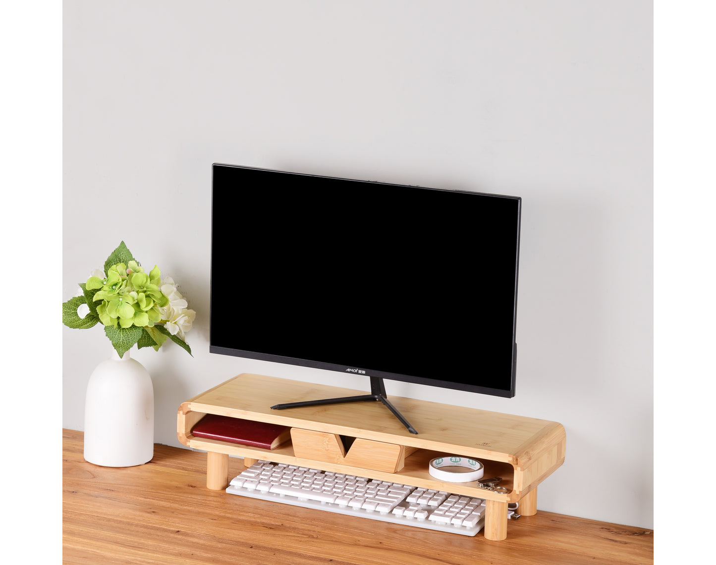 מדף הגבהה למסך מחשב עם מגירה נשלפת