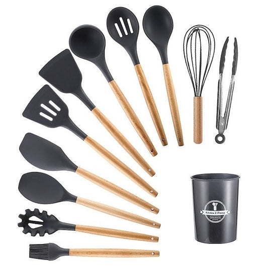 סט כלי ששת 12 חלקים מסיליקון ועץ צבע שחור