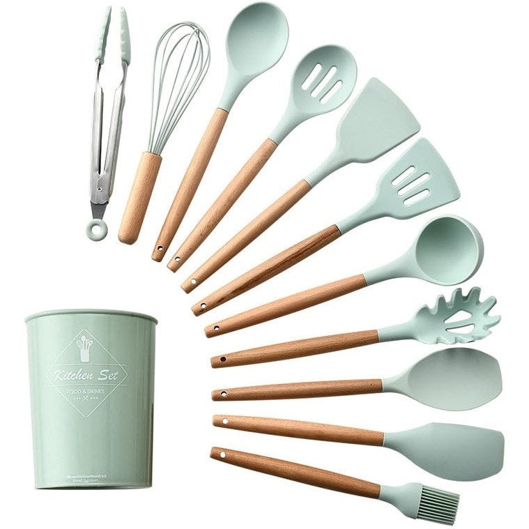 סט כלי ששת 12 חלקים מסיליקון ועץ צבע ירוק בהיר