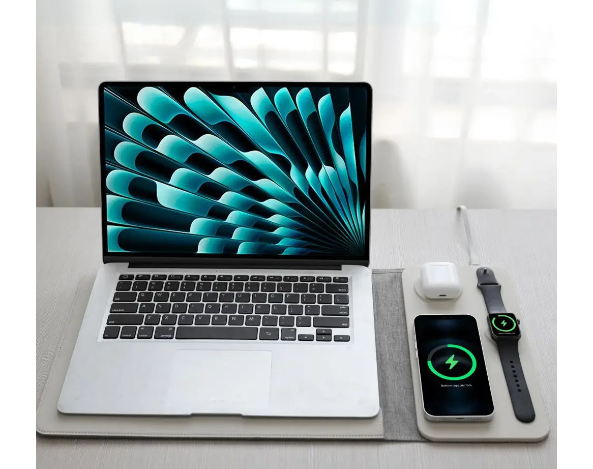 נרתיק לפטופ 5 ב-1 מעור – סט מולטיפונקציונלי עם מטען אלחוטי ואחסון צבע שחור