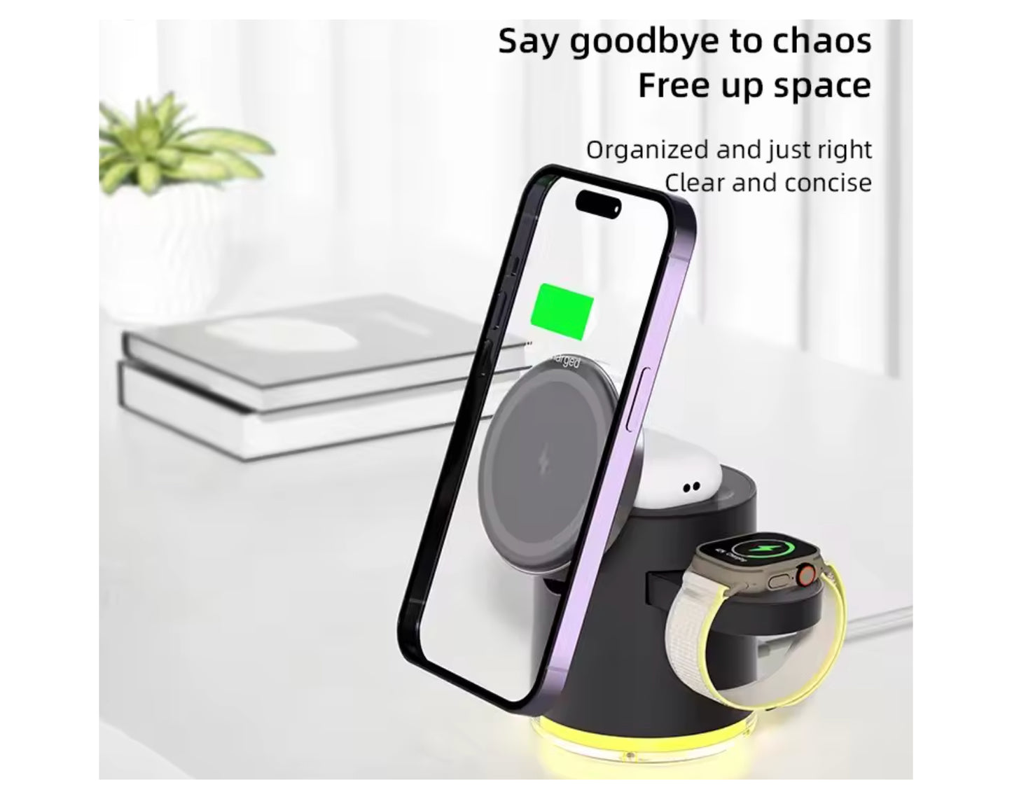 עמדת טעינה מגנטית מתקפלת 3 ב-1 לאייפון, איירפודס ושעון אפל לבן צבע שחור