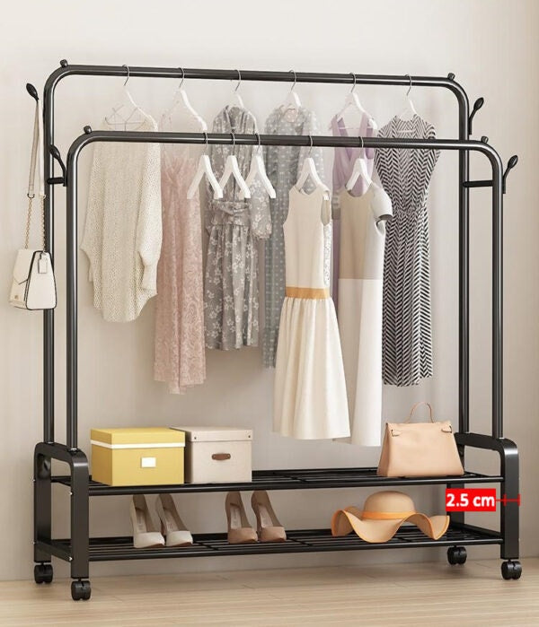 מעמד תלייה 2 מוטות ו-2 מדפי אחסון צבע שחור