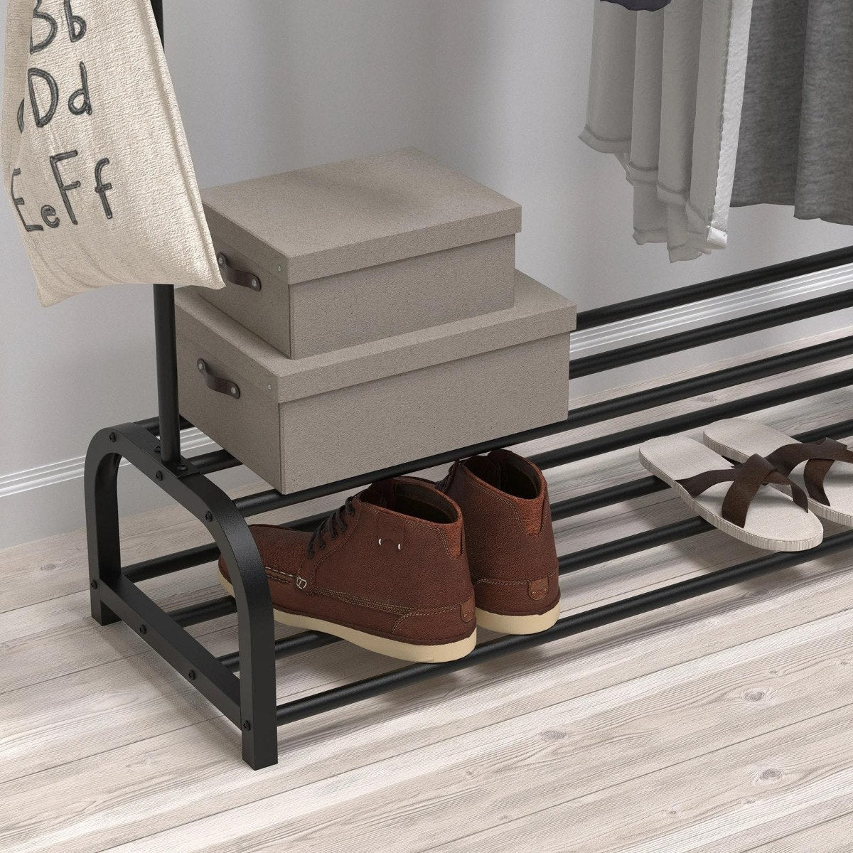 מעמד תלייה 2 מוטות ו-2 מדפי אחסון צבע שחור