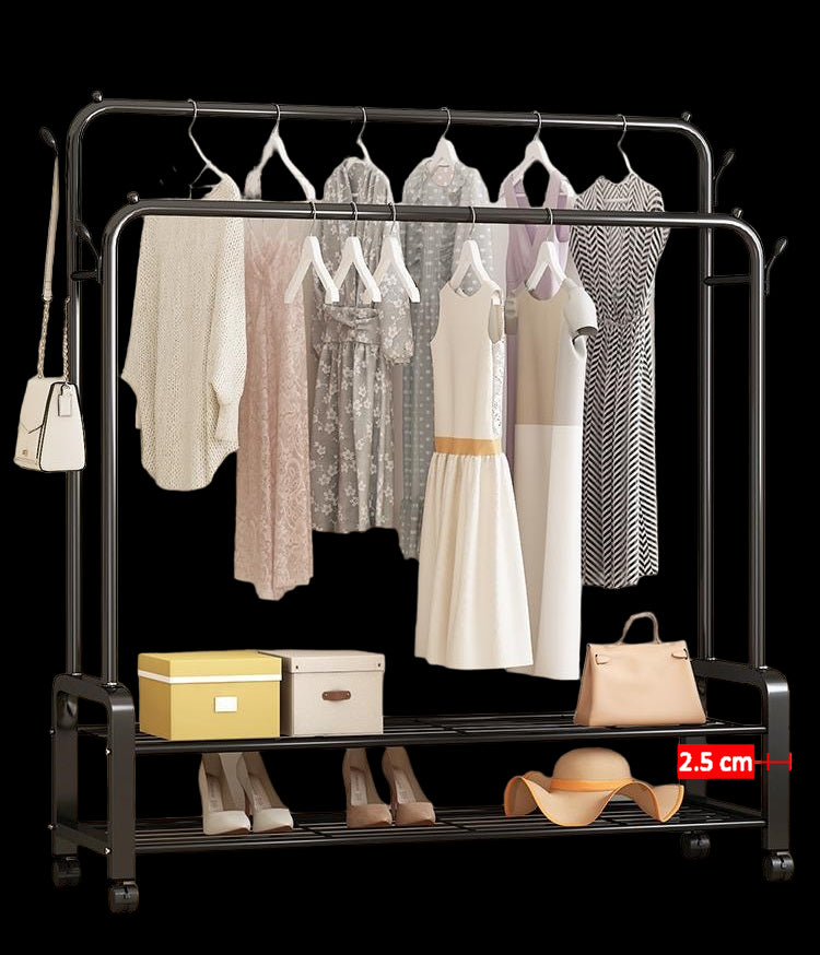 מעמד תלייה 2 מוטות ו-2 מדפי אחסון צבע שחור