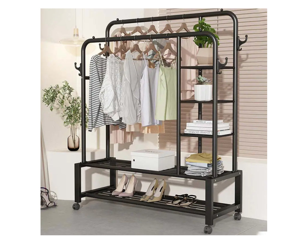 מעמד כפול לתליית בגדים עם שלושה מדפי איחסון בצד ושני מדפי איחסון בתחתית צבע לבן