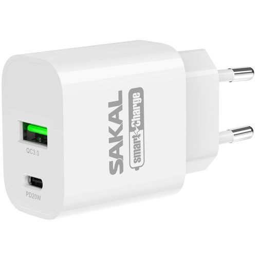 מטען חשמל מהיר 20W עם 2 יציאות USB+TYPE-C. SMART CHARGE דגם 100078 של SAKAL