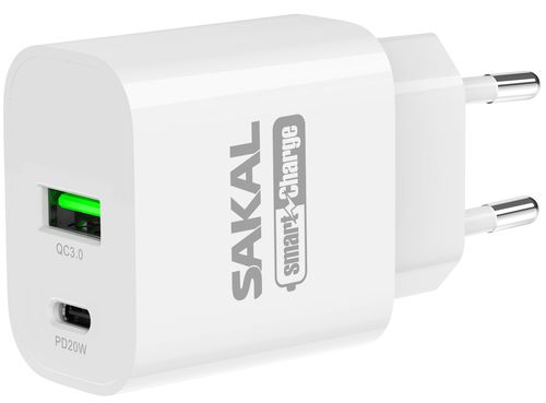 מטען חשמל מהיר 20W עם 2 יציאות USB+TYPE-C. SMART CHARGE דגם 100078 של SAKAL