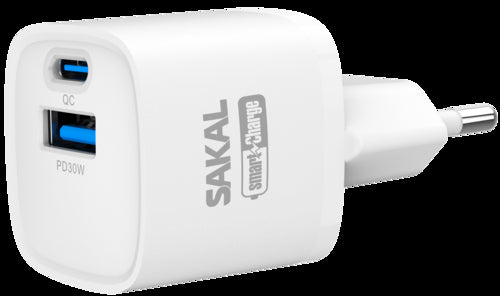 מטען חשמל מהיר 30W עם 2 יציאות USB+TYPE-C. SMART CHARGE דגם 100137 של SAKAL