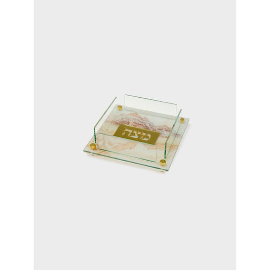 צלחת מצות אקריליק 22X22 ס״מ בגוון שיש עם ריקוע מתכת כסף