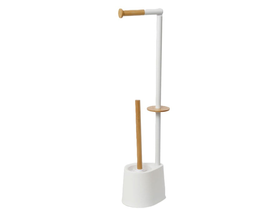 מעמד לנייר טואלט ומברשת אסלה לבן בשילוב עץ B-DECOR