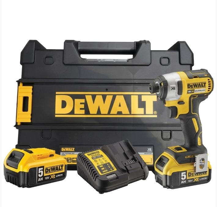 גוף מברגת אימפקט 18V עם 2 סוללות 5AH+ מטען+סט ביטים בארגז קשיח DCF887P2