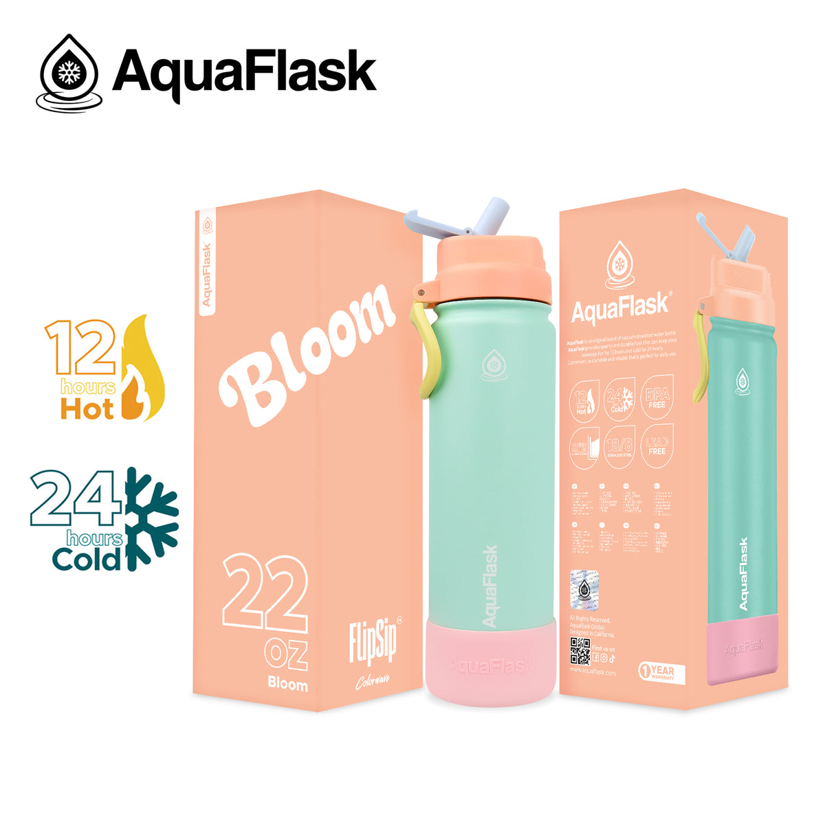 בקבוק שתייה תרמי Bloom פריחה טורקיז עם ורוד FLIP SIP Colorwave s2 נפח 650 מייל