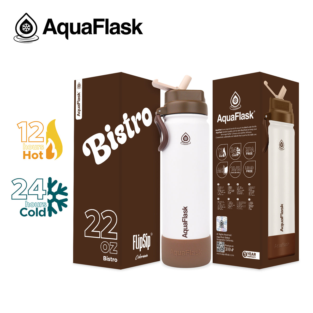 בקבוק שתייה תרמי Bistro ביסטרו לבן חום כרמלי FLIP SIP Colorwave s2 נפח 650 מייל