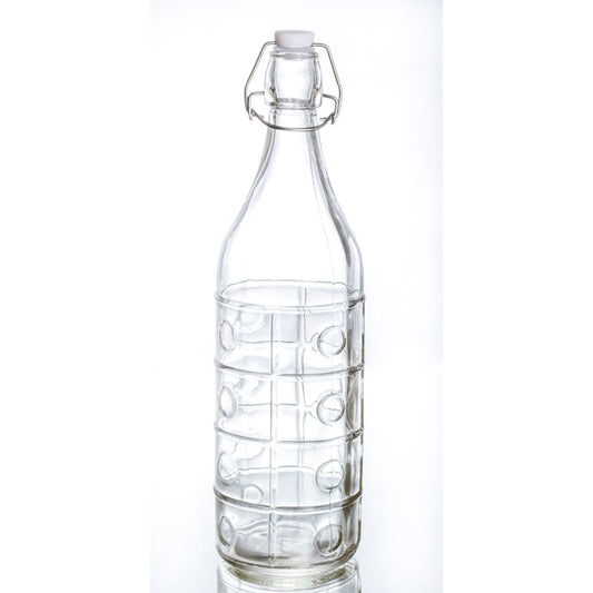 בקבוק זכוכית מעוצב למים 1 ליטר עם פקק בצבע שקוף