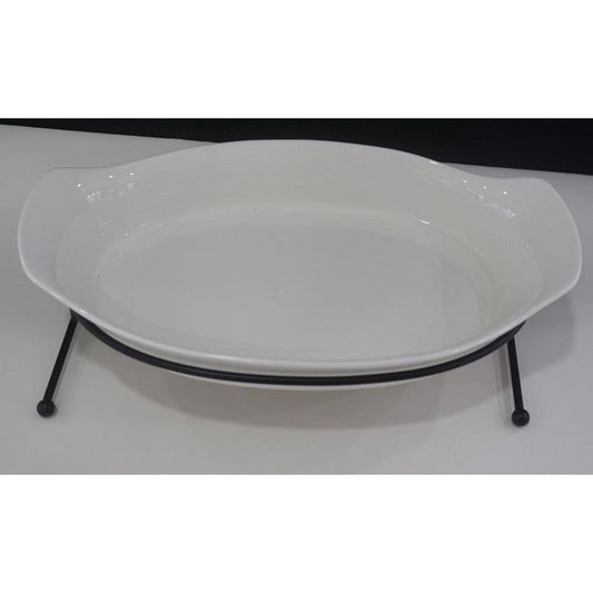 קערת הגשה פורצלן אובלית על מעמד מתכת