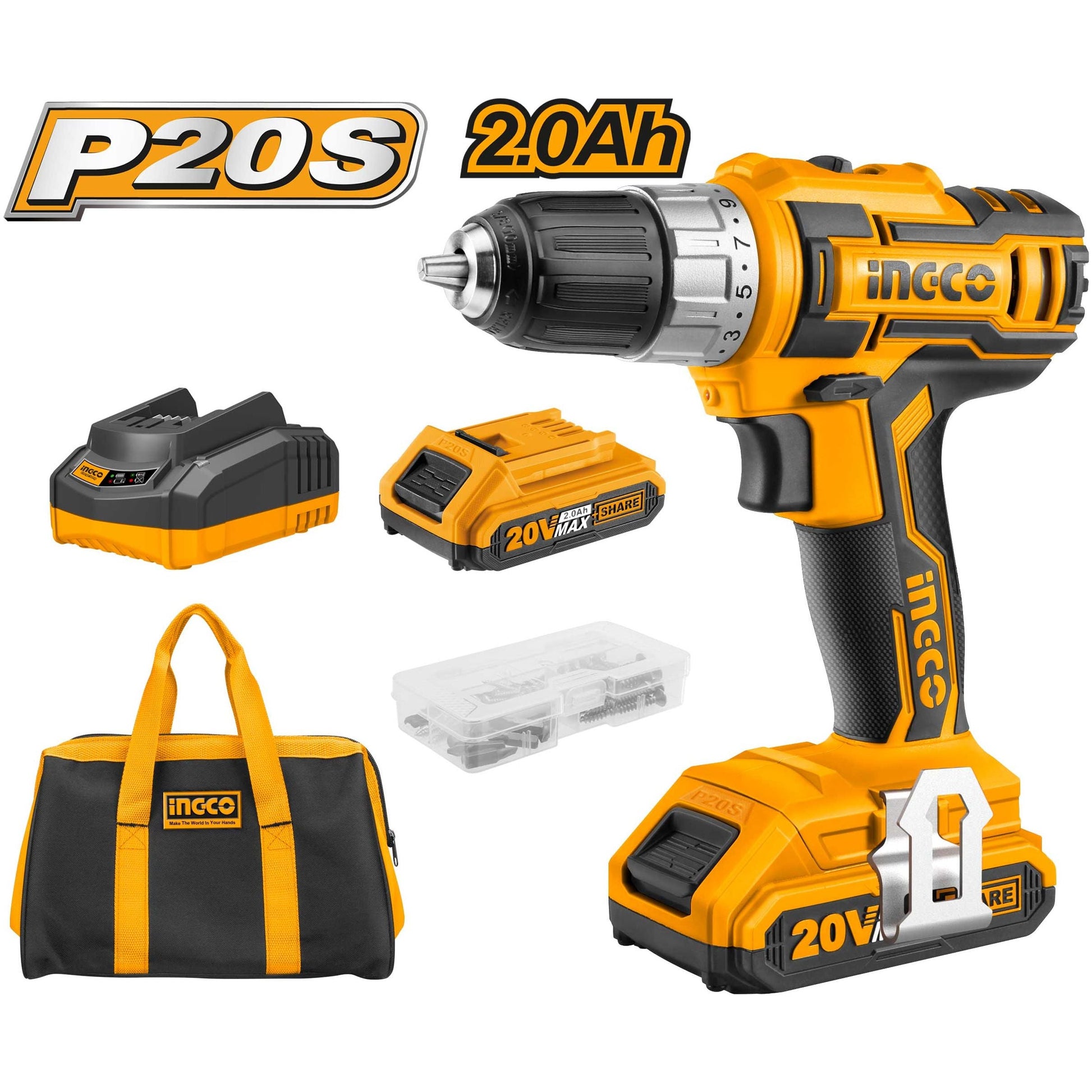 מברגה/מקדחה INGCO 20V הכוללת 2 סוללות 2A + תיק בד ומטען