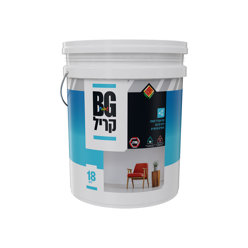 דלי צבע עומד בחדר עם כיסא.

BG Paint
קריל
צבע אקרילי מעולה
רחיץ וקשה קרצוף
לבנים וציבעוניים
18 ליטר