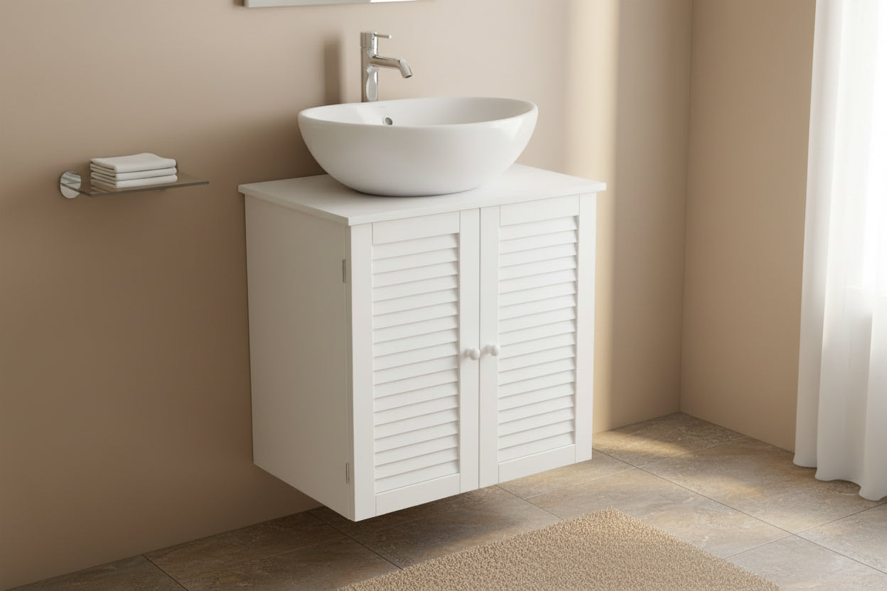 ארונית עץ תלויה מתחת לכיור