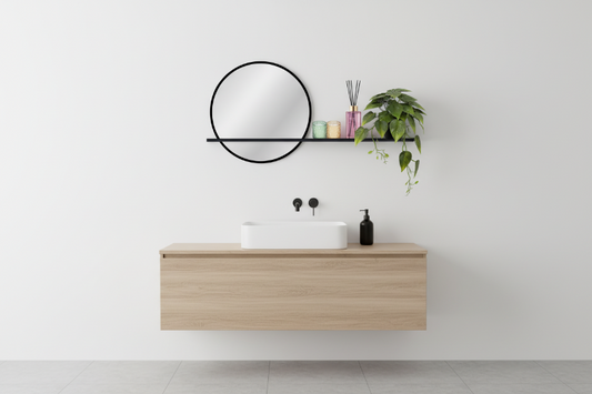 מראה עגולה בשילוב מדף מתכת, קוטר 55 ס"מ