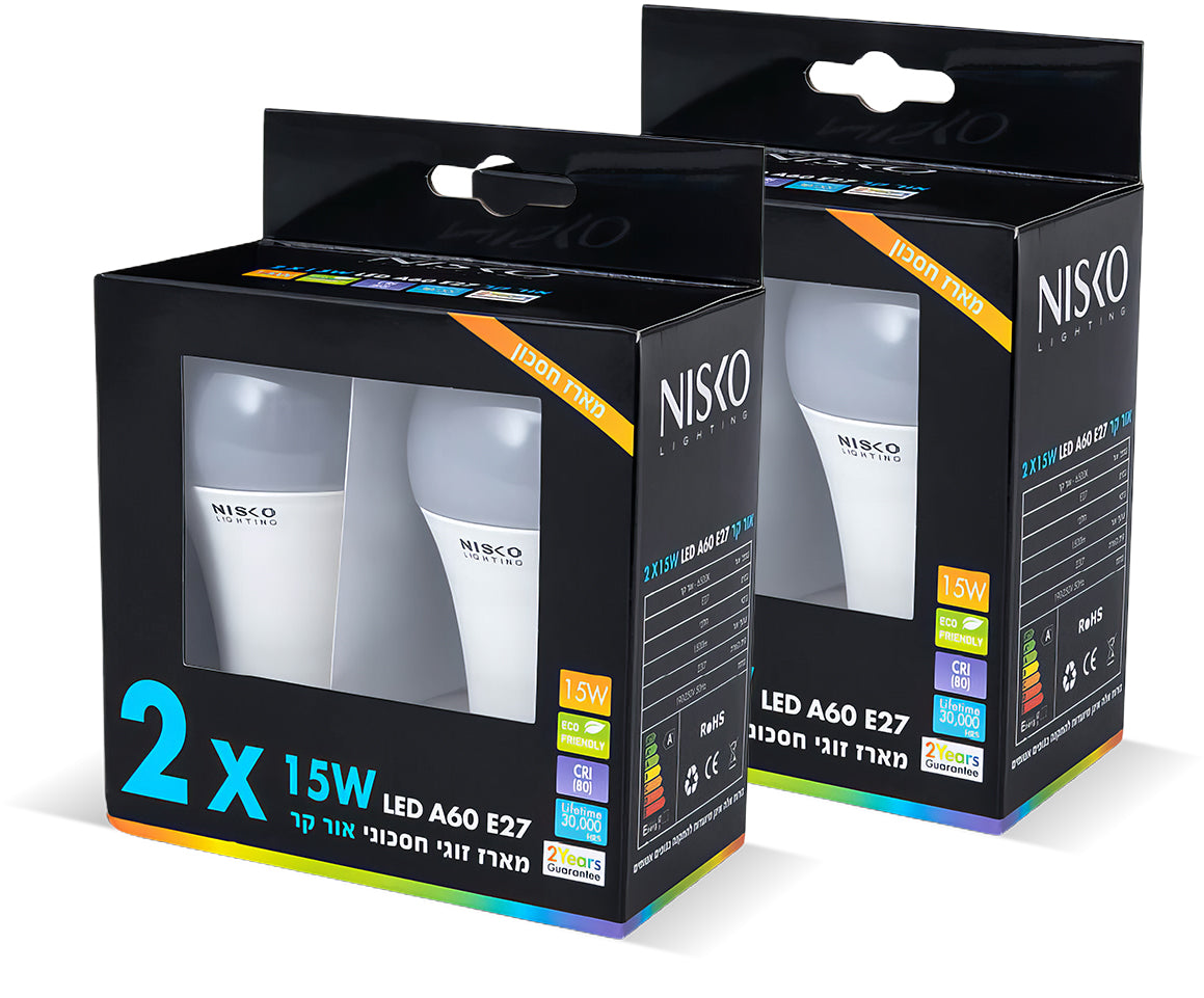 זוג נורות ליבון לד לבן E27 15W אור קר