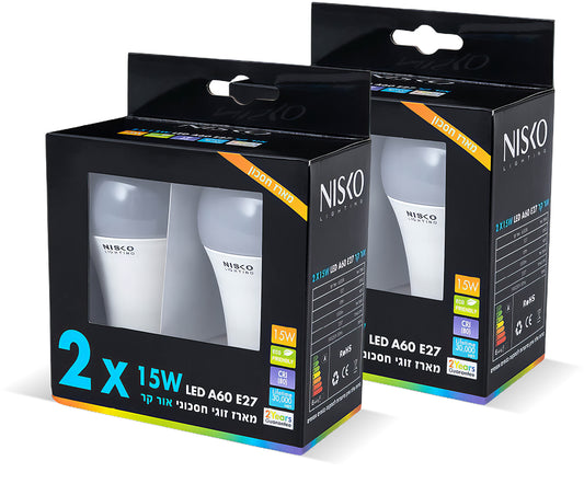 זוג נורות ליבון לד לבן E27 15W אור קר