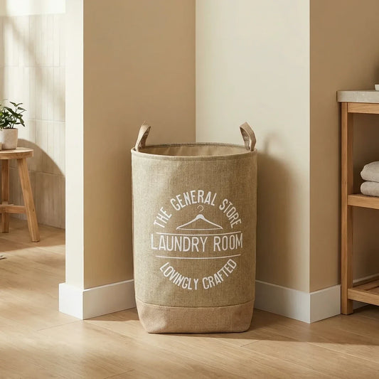 סל כביסה חום נטורל, Japandi, Soft North Light, bathroom, it must be located at the corner of the walls of the room.