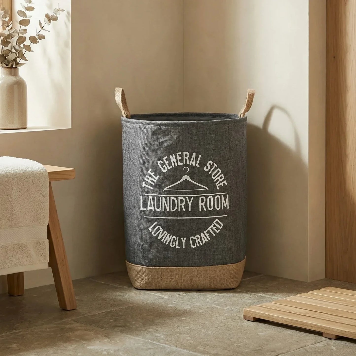 סל כביסה אפור נטורל, Japandi, Soft North Light, bathroom, it must be located at the corner of the walls of the room.