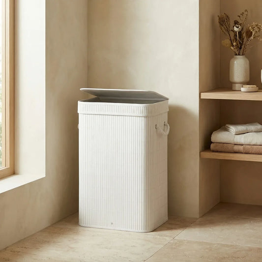 סל כביסה במבוק מרובע - לבן, Japandi, Soft North Light, bathroom, it must be located at the corner of the walls of the room.