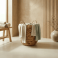 סל כביסה מעוצב, קש עגול מדיום, Japandi, Soft North Light, bathroom.