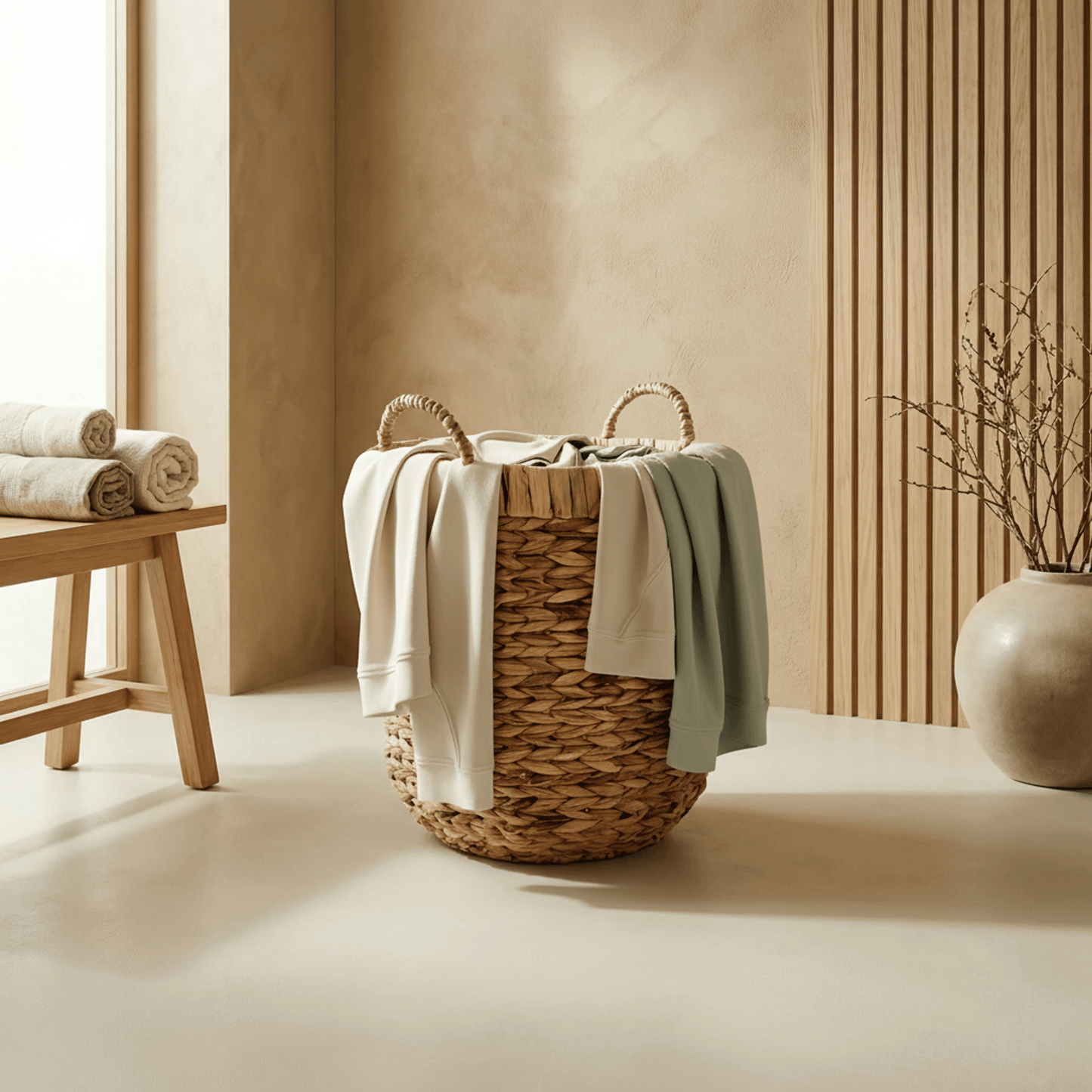 סל כביסה מעוצב, קש עגול מדיום, Japandi, Soft North Light, bathroom.