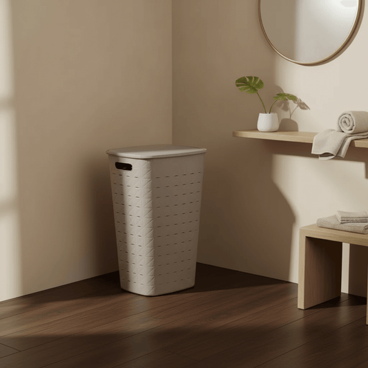 סל כביסה סופטקס 56L חום בהיר, Japandi, Soft North Light, bathroom.