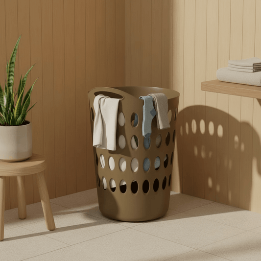 סל כביסה עגול גמיש 50 ליטר, Japandi, Morning Haze, bathroom.