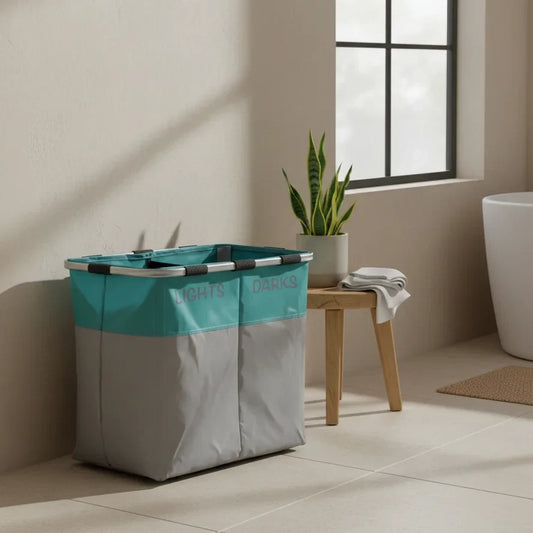 סל כביסה מחולק מתקפל, Japandi, Morning Haze, bathroom.