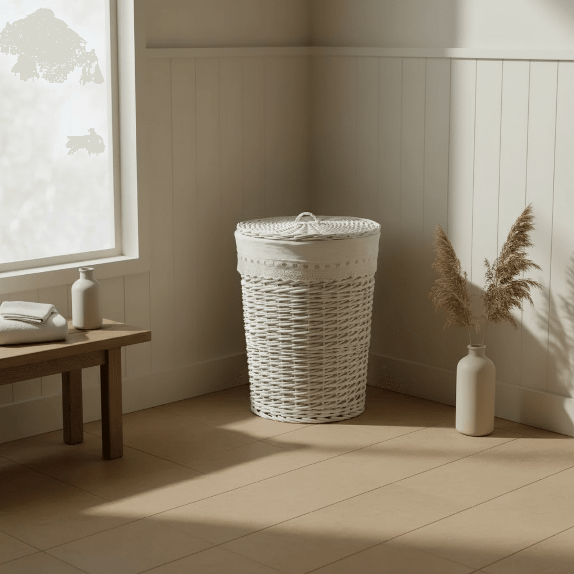 סל כביסה קש לבן עגול קטן, bathroom, Japandi, Morning Haze.