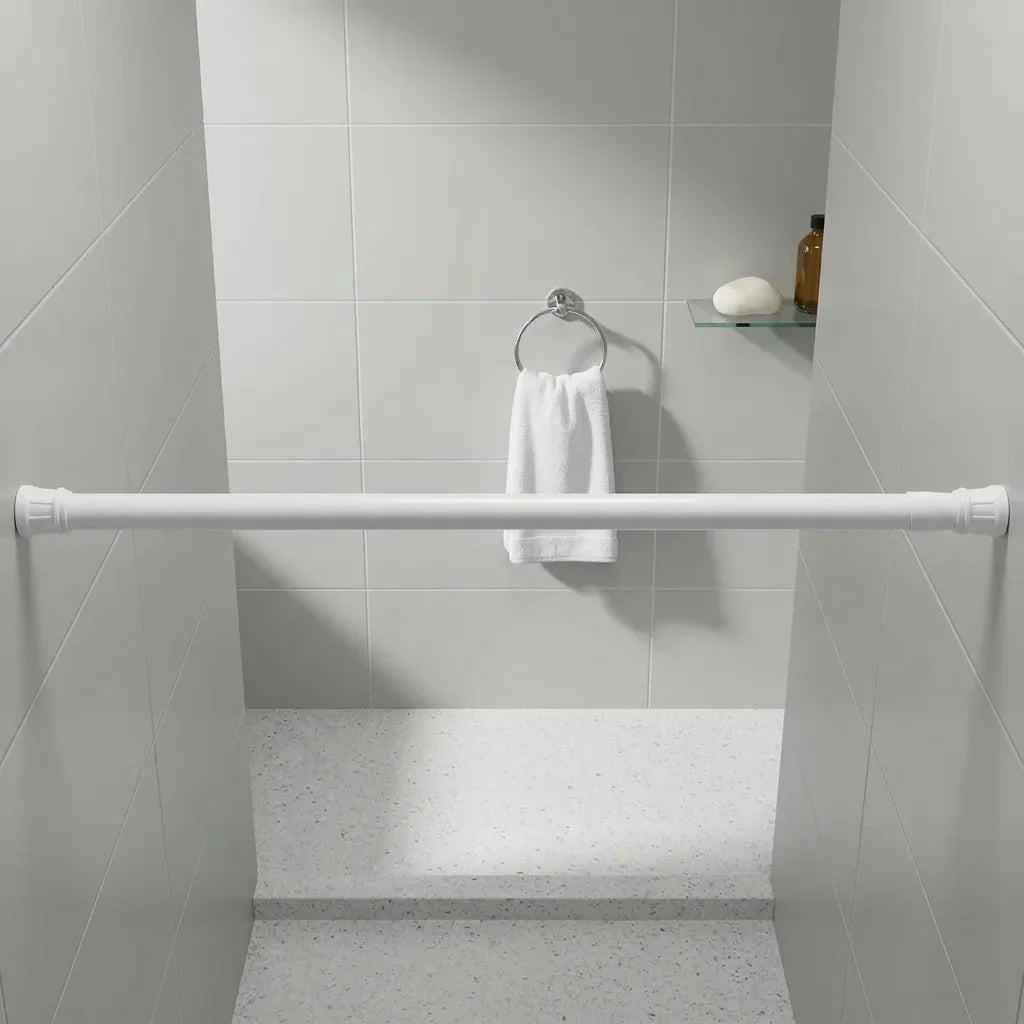 מוט וילון 70-120 סמ אלומניום לבן  עם קפיץ פנימי, Bathroom , Clear Sunny Day.